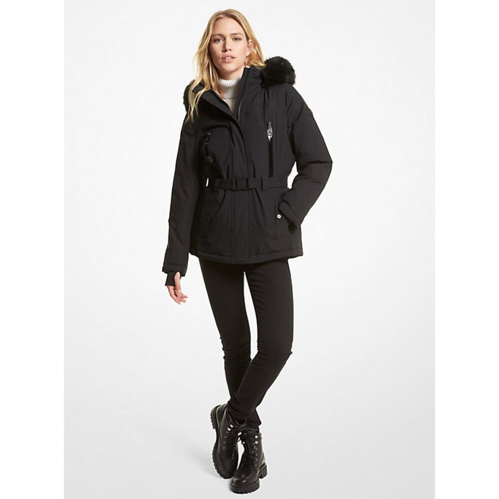 Michael Kors Faux Fur Trim Ciré Belted Parka in Black Size L